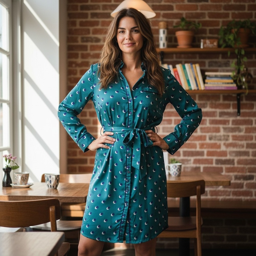 Boden Teal Green Crescent Moon Polka Dot Shirt Dress US 8R Navy Piping Belted